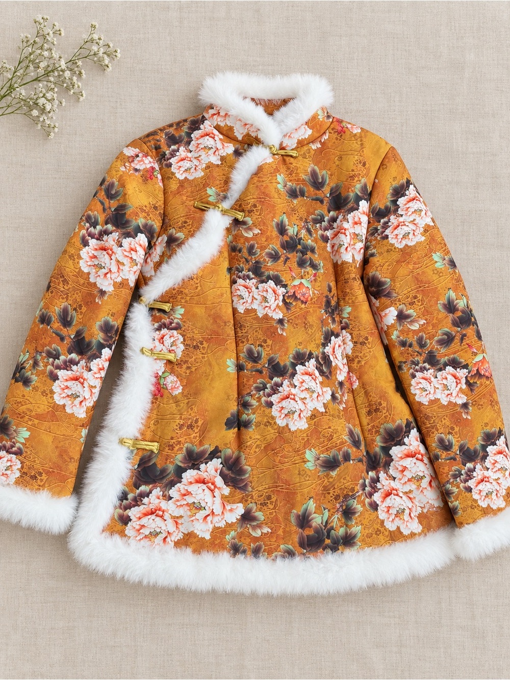 Girls' Floral Faux-Fur Trim Mandarin Jacket - Mustard Floral
